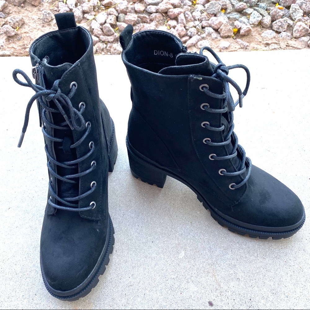 New Black Vegan Suede Zip Lace Up Moto Boots - Picture 5 of 8